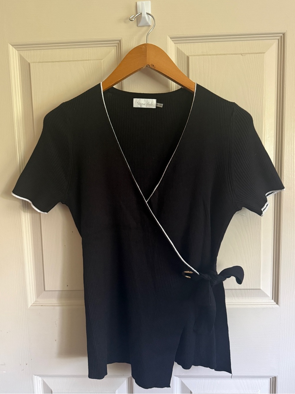 Black Wrap Short Sleeve Top with White Trim